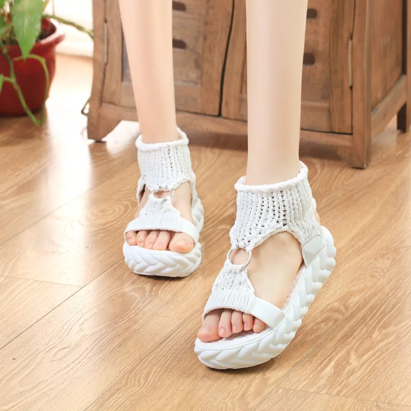 Yyvonne Thick-Soled Soft-Soled Toe-Ss Cake Thick-Soled Sandals Comfortable Knitted Knitted Roman Shoes Sandal