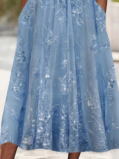 Women's 3/4 Sleeve Scoop Neck Floral Printed Lace Stitching Midi Dress