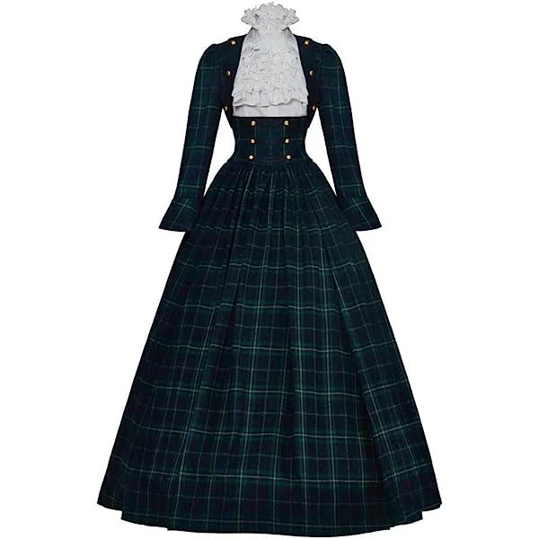 Women's Christmas Caroler Costume Dress Green Plaid Outfit Dress