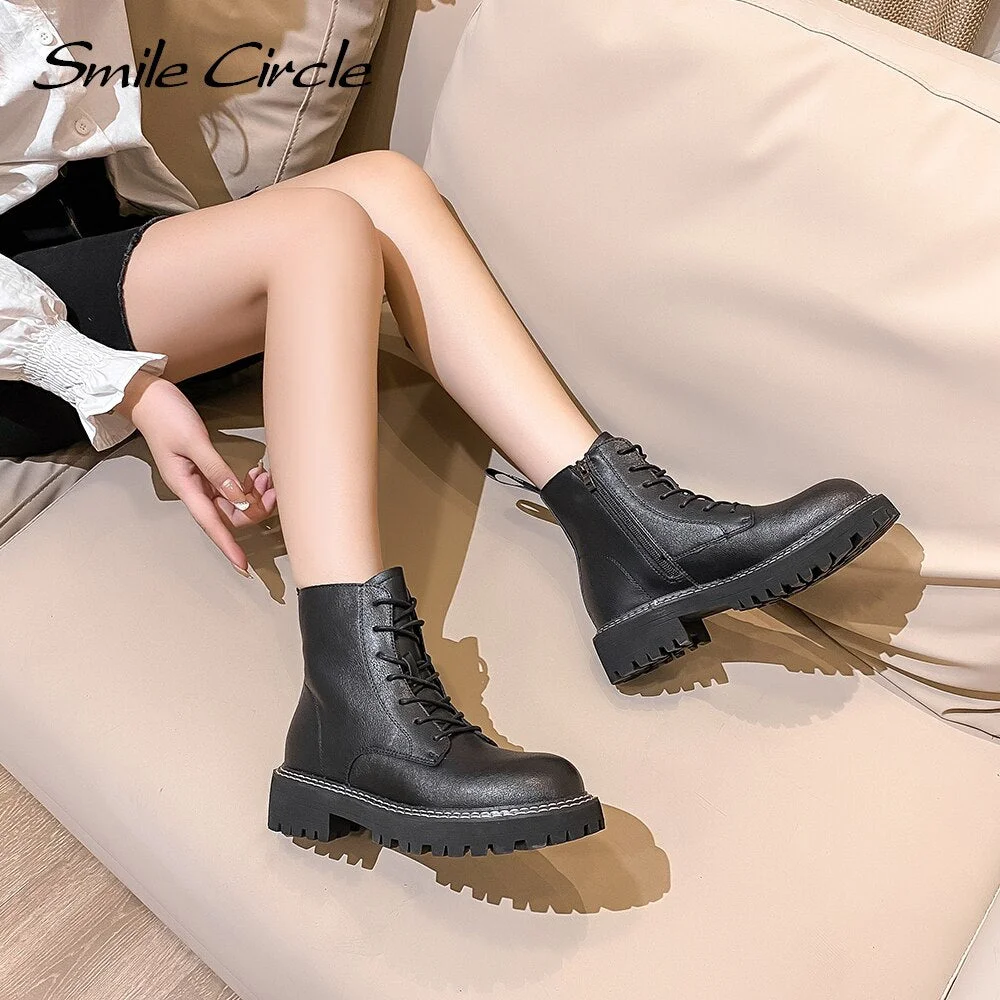 Smile Circle Winter Ankle Boots Women Cow Leather Platform Boots Warm Plush Keep Round toe Comfortable Ladies Booties