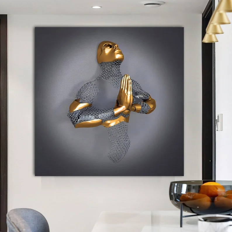 Bronze and silver gratitude, prayer, meditation canvas painting, 3d effect silver glitter embroidered wall decor,