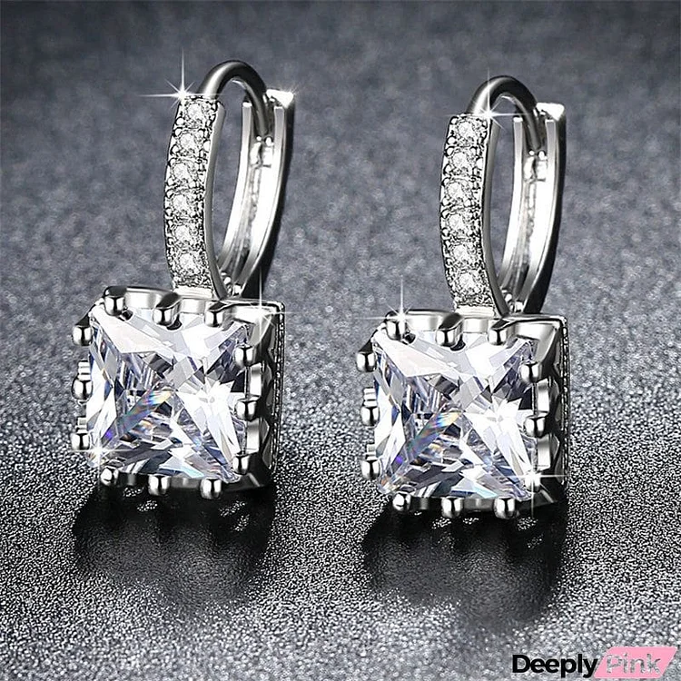 Square White Sky Blue Zircon Female Cute Earrings