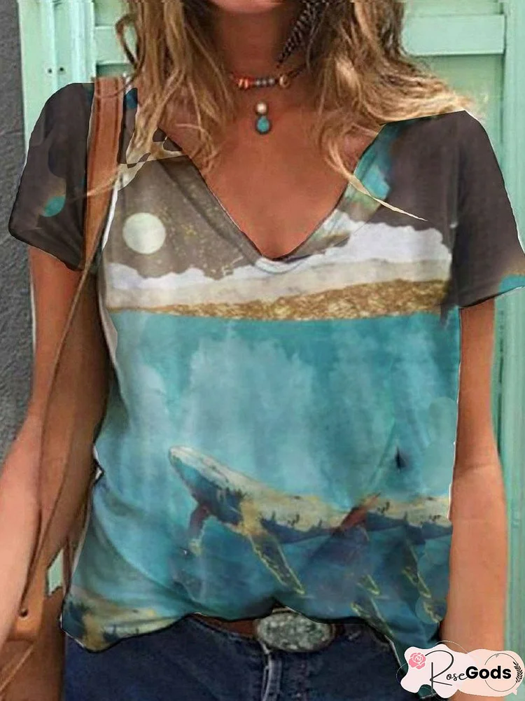 Ocean Whale V Neck Ombre/Tie-Dye Short Sleeve T-Shirt