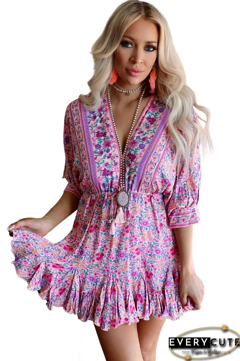 Pink Boho Ruffled V Neck Floral Mini Dress