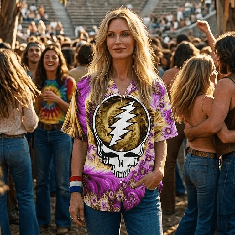 Vintage Grateful Dead Skull & Bear &Terrapin Graphic Cuban Collar Short Sleeve Shirt &ndash; Unisex Retro Cotton Top