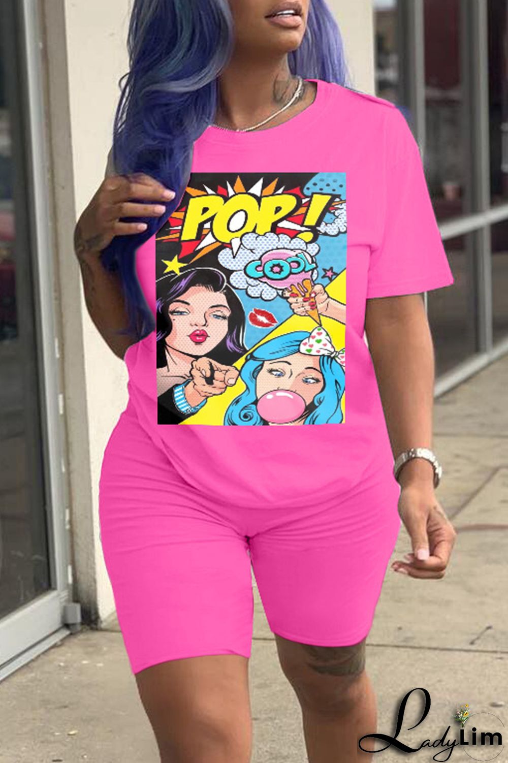 Fluorescent Green Fashion Casual Print Basic O Neck Short Sleeve Two Pieces