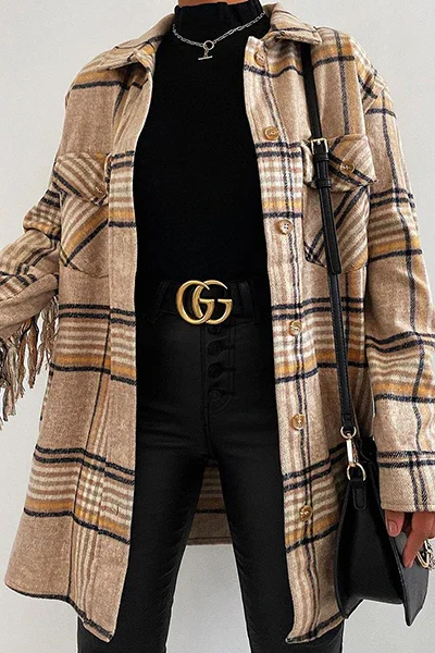 Casual Plaid Tassel Buckle Turndown Collar Outerwear
