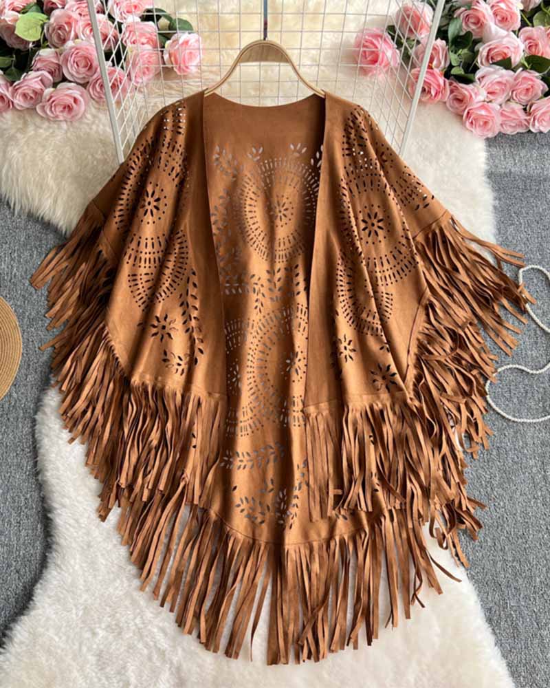 Western Cowboy Suede Hollow Oversized Cape Shawl