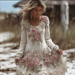Women's Vintage Romantic Floral White Long-sleeved Dress - Image 2