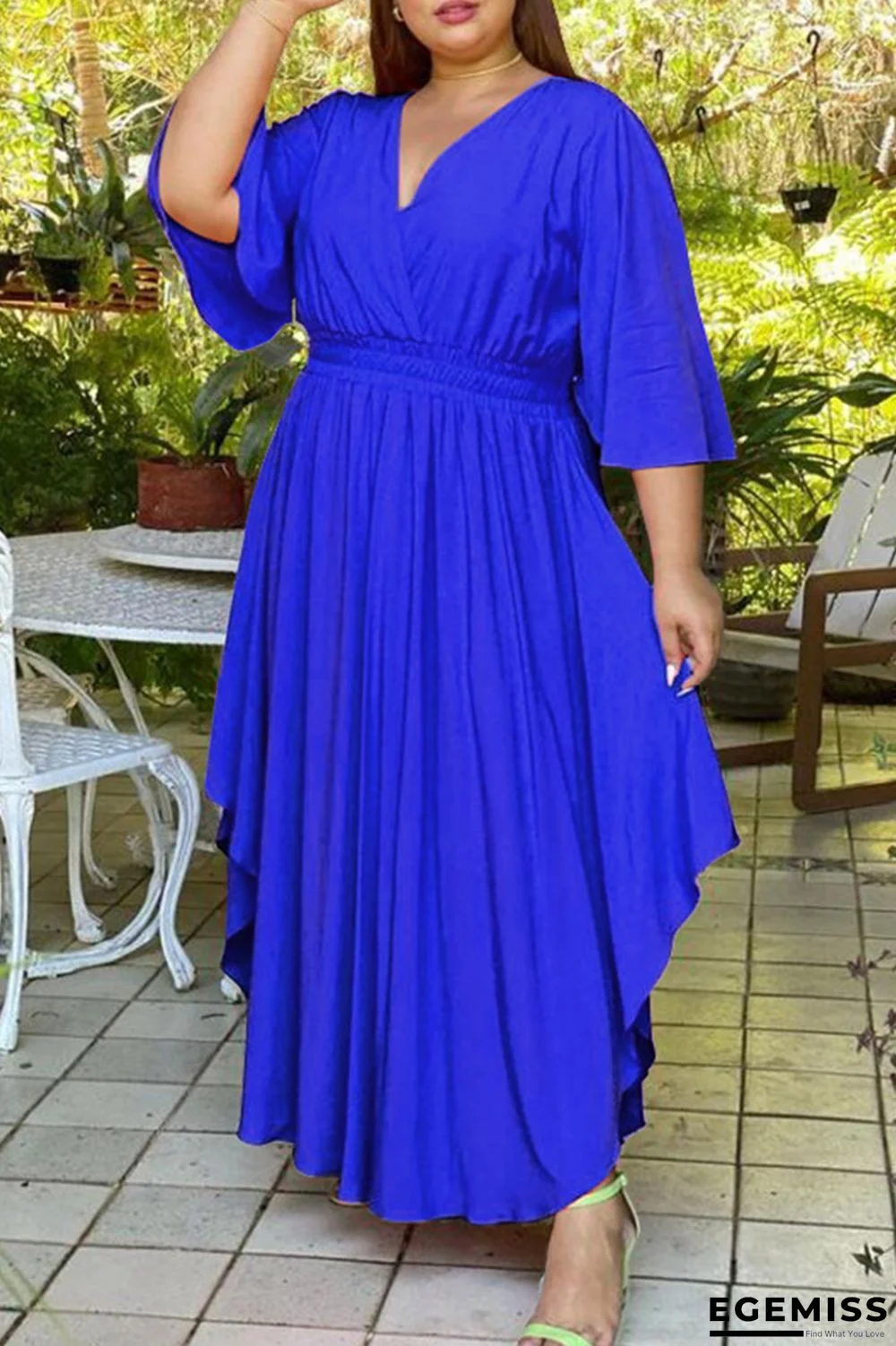 Blue Fashion Casual Plus Size Solid Basic V Neck Lantern Sleeve Long Dress | EGEMISS