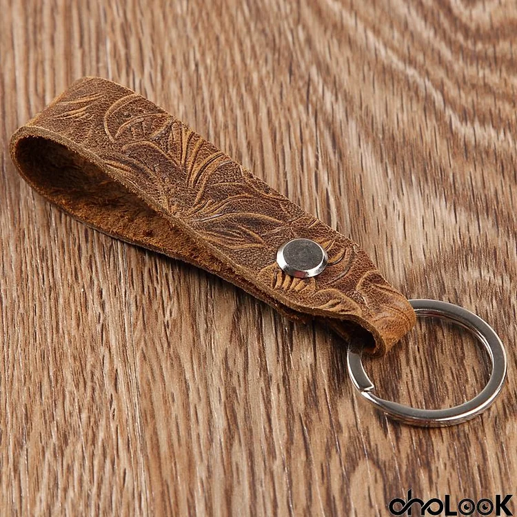 Neutral Simple Carved Pattern Cowhide Keychain Pendant