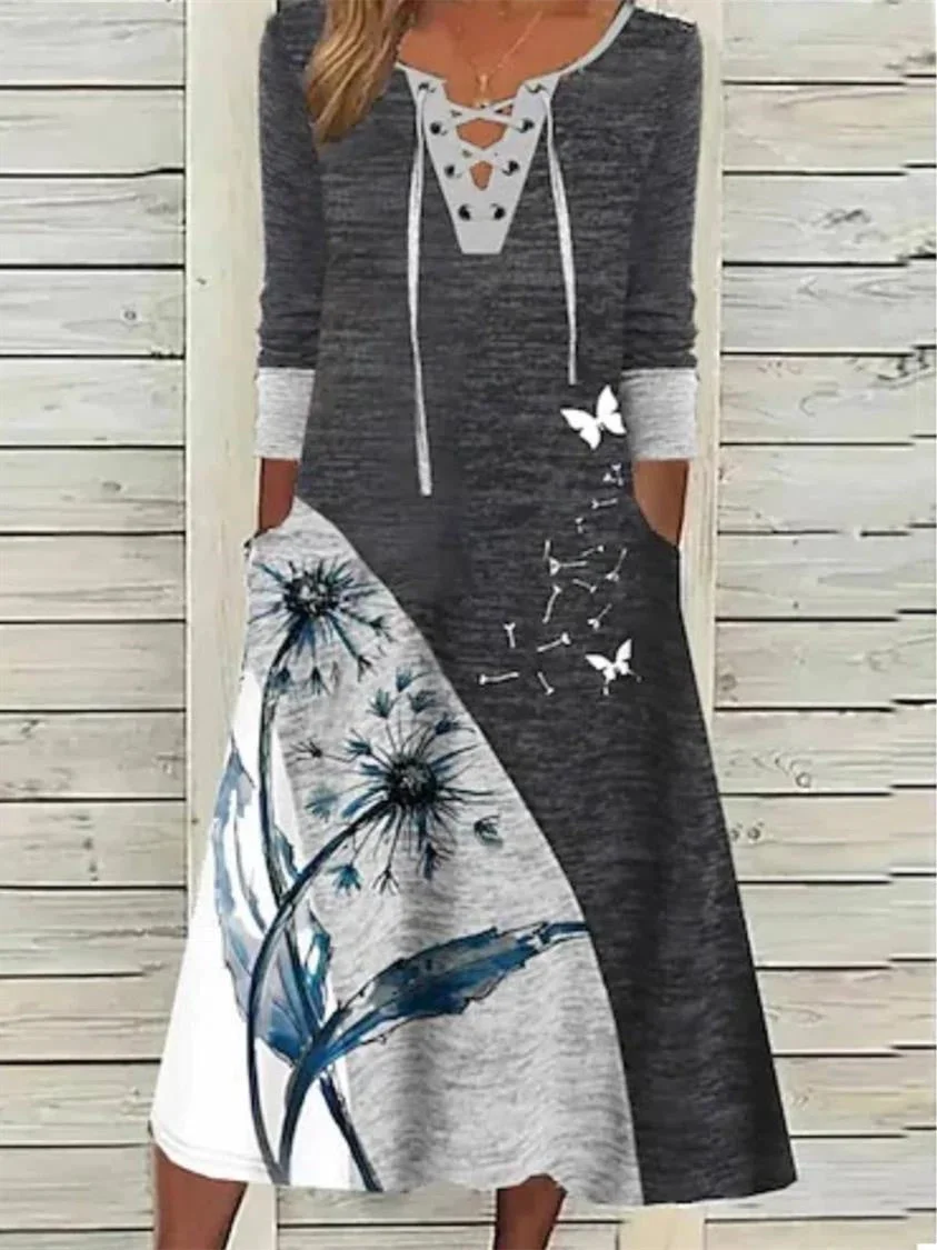 Women Long Sleeve V-neck Graphic Floral Printed Midi Dress