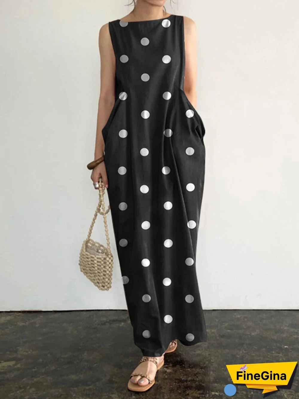 Sleeveless Pocket Polka Dot Round Neck Maxi Dress