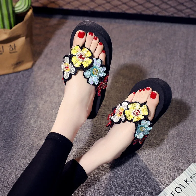 6cm High Heel Women New Product Bright Women Summer Wear Thick Bottom Flower Sandals Slippers Non-slip Beach Shoes WomenSandals