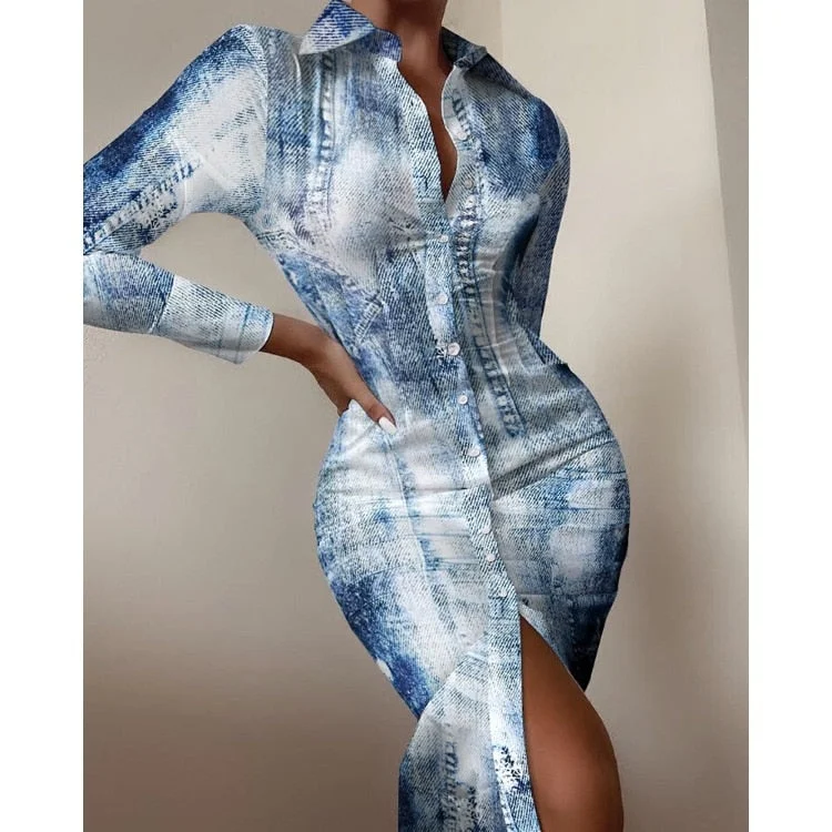 Women's shirt dress long sleeve sexy waist waist printed cardigan shirt