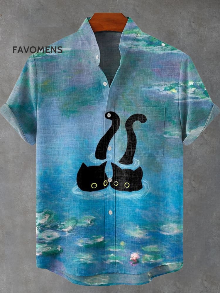 Cat In Waterlilies Monet Vintage Print Casual 100% Cotton Shirt