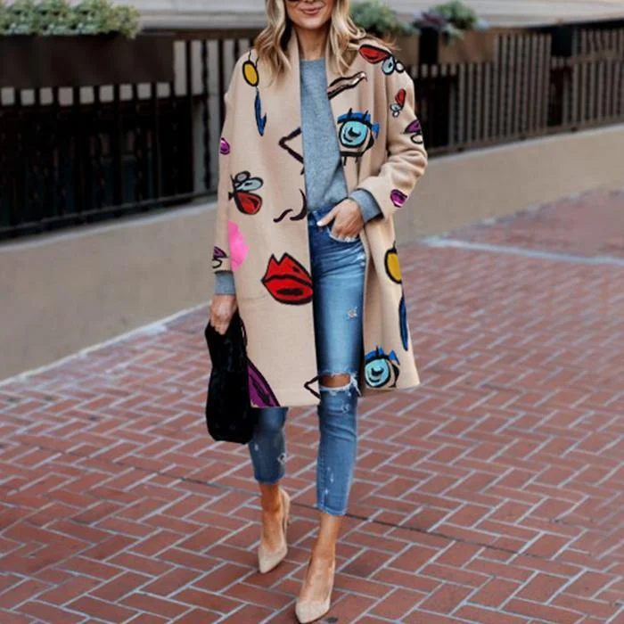Fashion Abstract Face Print Woolen Coat