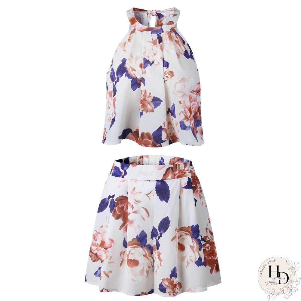 Beige Floral Crop Top and Shorts Matching Sets