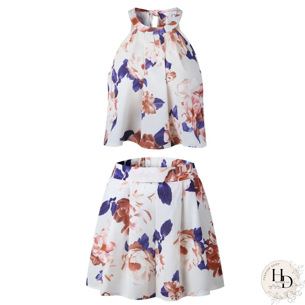 Beige Floral Crop Top and Shorts Matching Sets