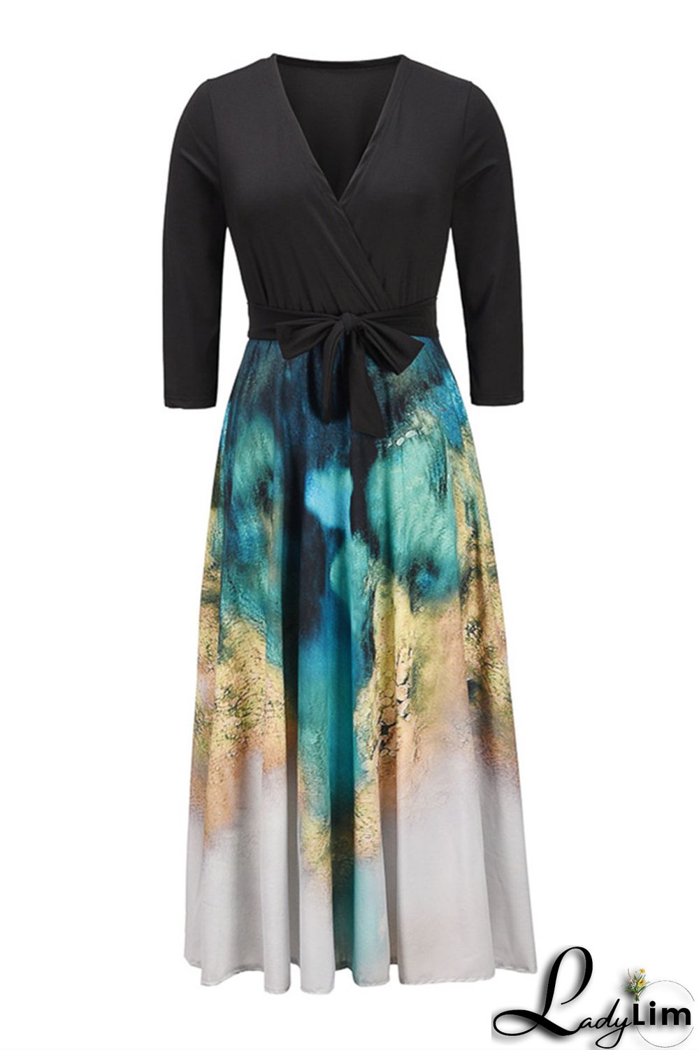 Black Fashion Casual Print Split Joint With Belt V Neck Long Dress