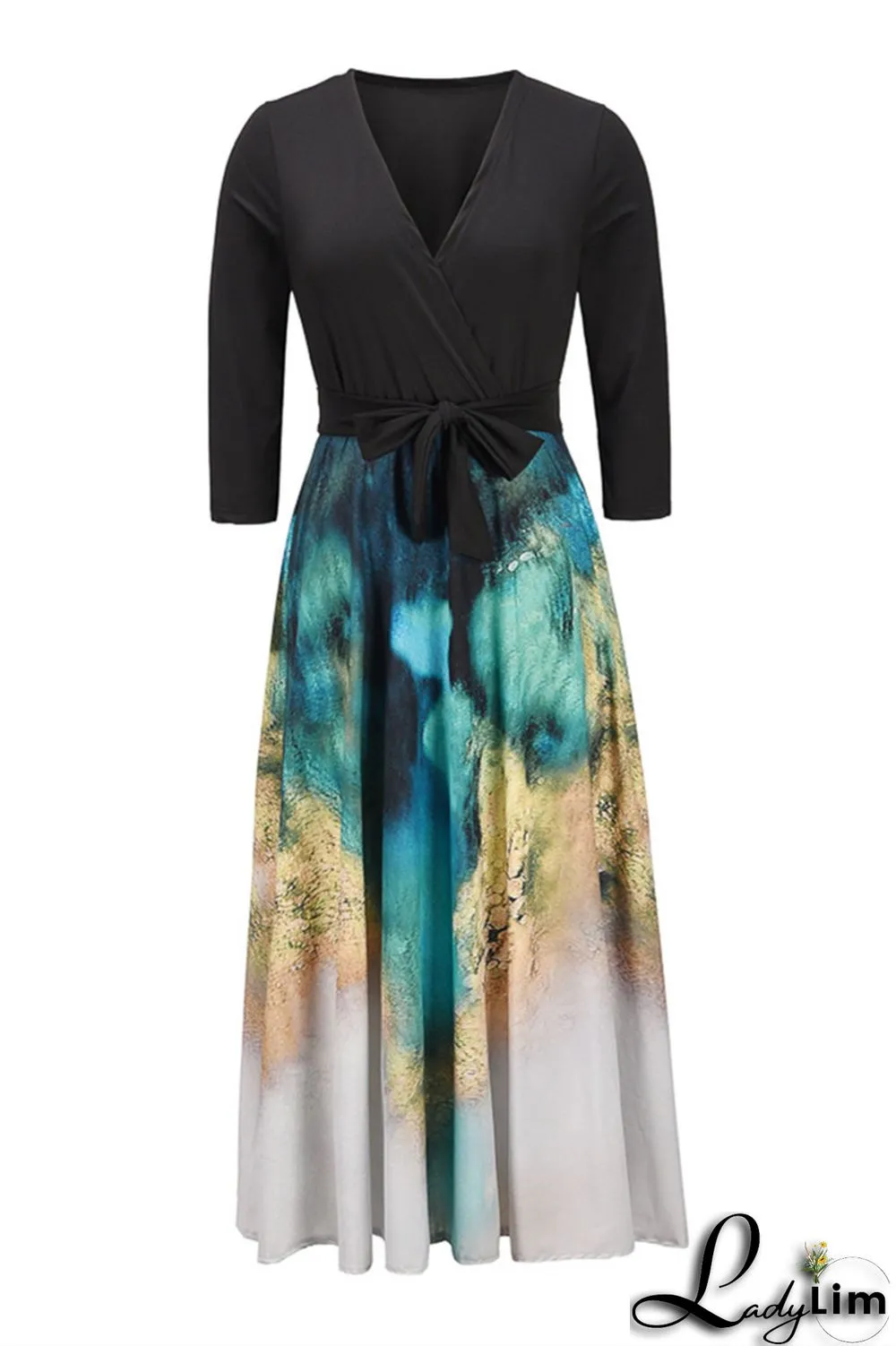 Black Fashion Casual Print Split Joint With Belt V Neck Long Dress