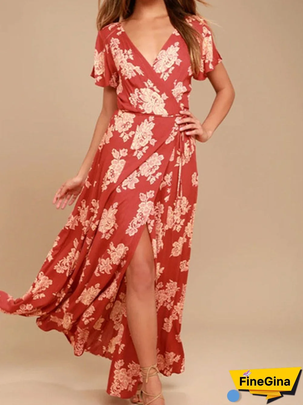 Women Short Sleeve V-neck Floral Printed Dress
