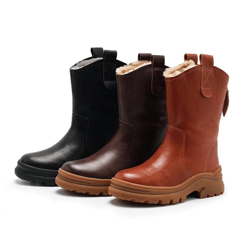 Womens Leather Short Boots Snow Boots Have Fleece Lined for Cold Winter in Black/Brown/Coffee