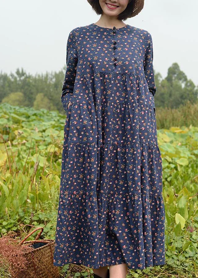 Italian Blue Print Clothes Women O Neck Cinched Dress