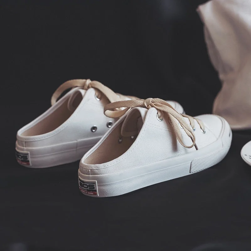 2020 spring and summer new student canvas shoes women's fashion lace-up sneakers open white shoes sandals semi-drag breathable