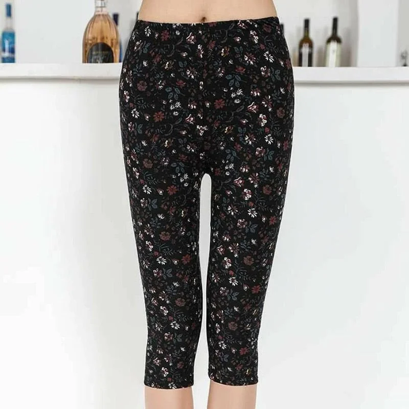 High Waist Floral Printed Fitness Leggings Mid-Calf Elastic Women Capris Push Up Trousers
