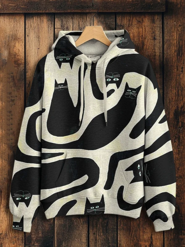 Women's Interesting And Abstract Black Cat Art Print Cozy Hoodie