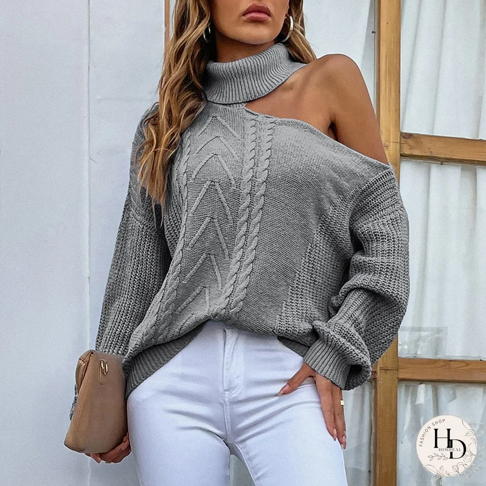 Fashion Twist Knit Sweater Pullover For Women Fall Sweater New Sexy Hollow Out Leaky Shoulder Solid Turtleneck Tops