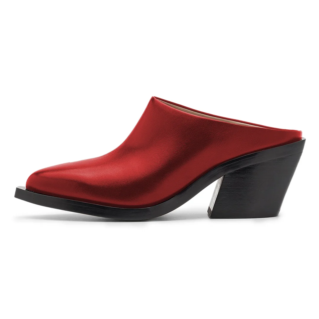 Metallic Touch Vegan Leather Snip Toe Block Heel Mules in Red