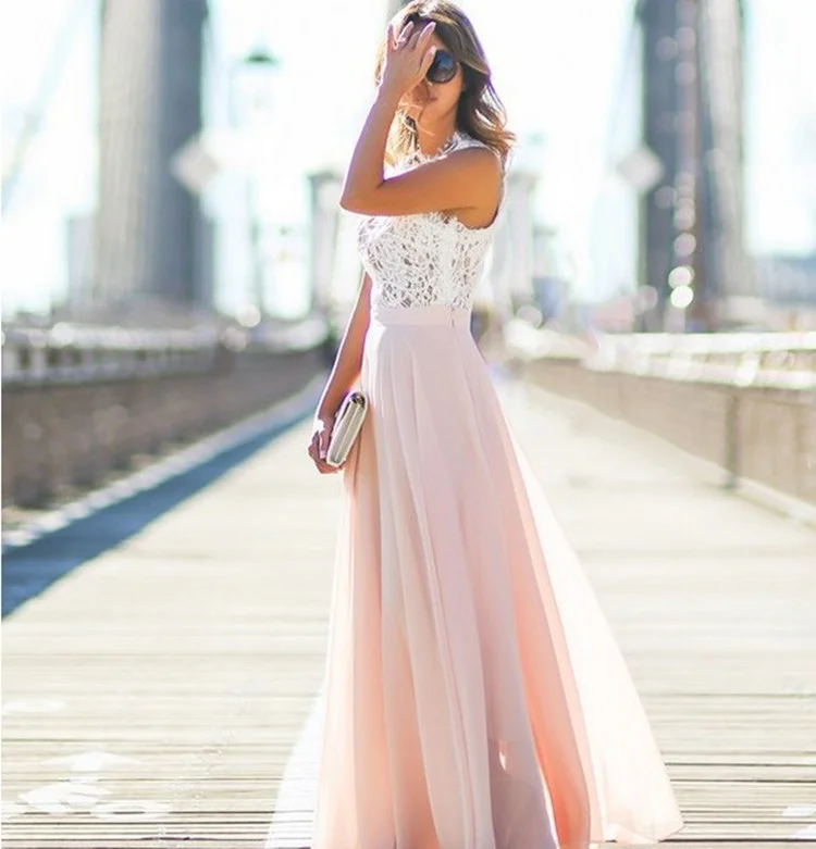 Lace Stitched Chiffon Extra Long Dress | EGEMISS