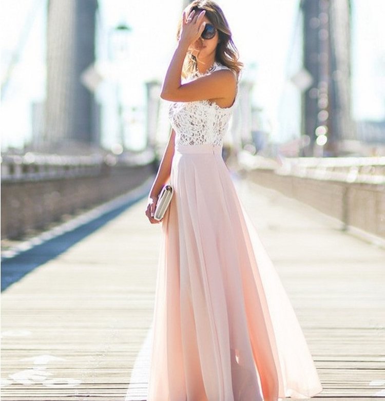 Lace Stitched Chiffon Extra Long Dress
