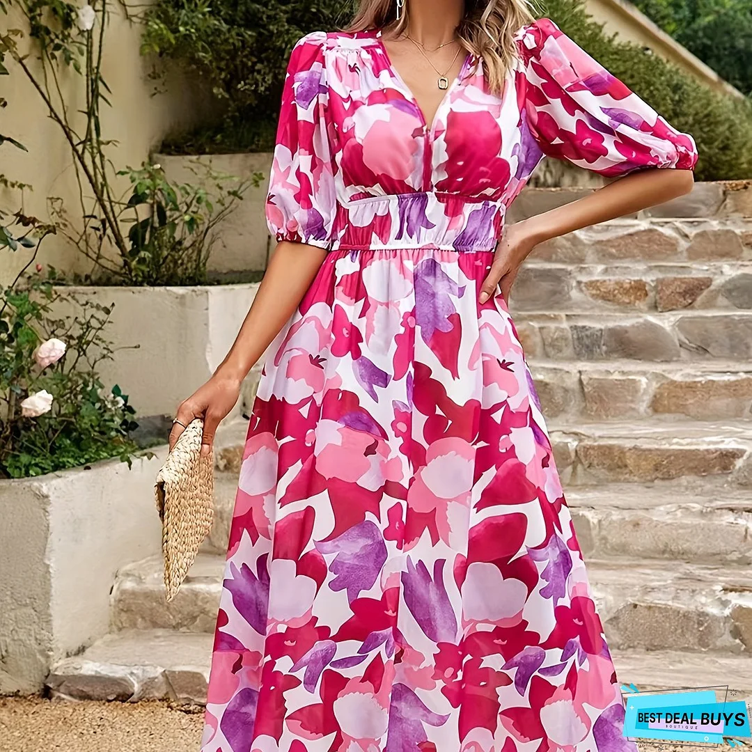 Floral Print V Neck Dress, Boho Short Sleeve Ruched Waist Dress For Spring & Summer, Women's Clothing