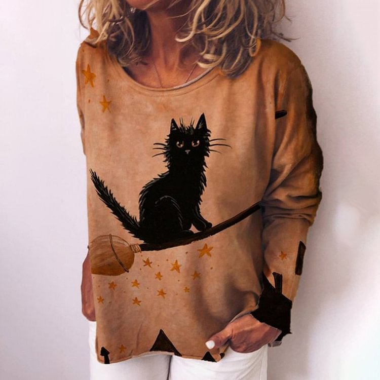 Broomstick Cat Printed Long-Sleeve T-Shirt