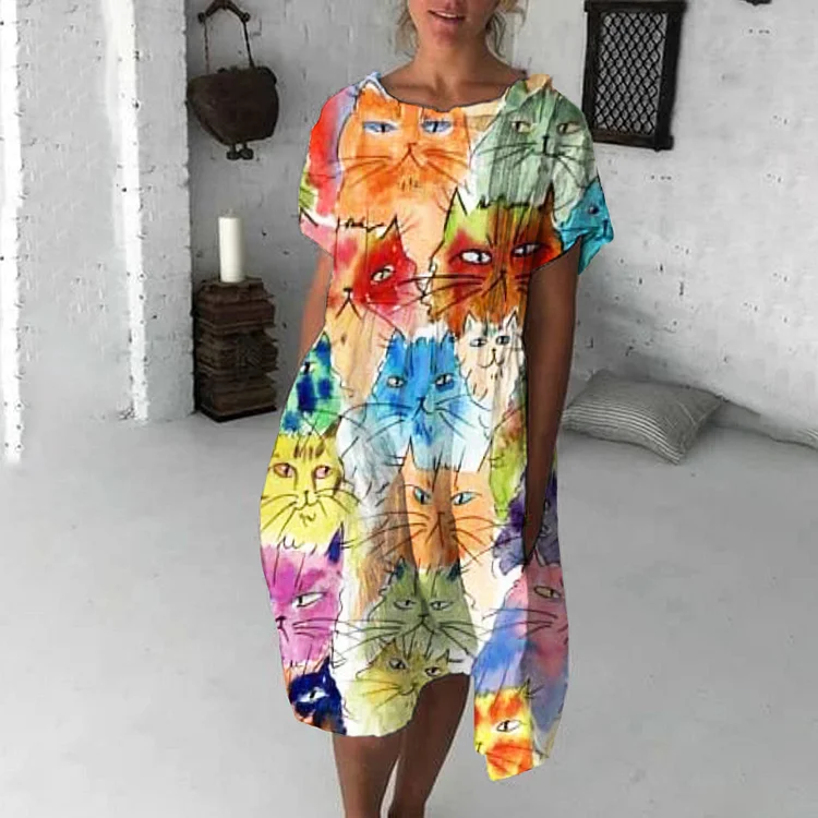 Watercolor Cat Print Midi Dress