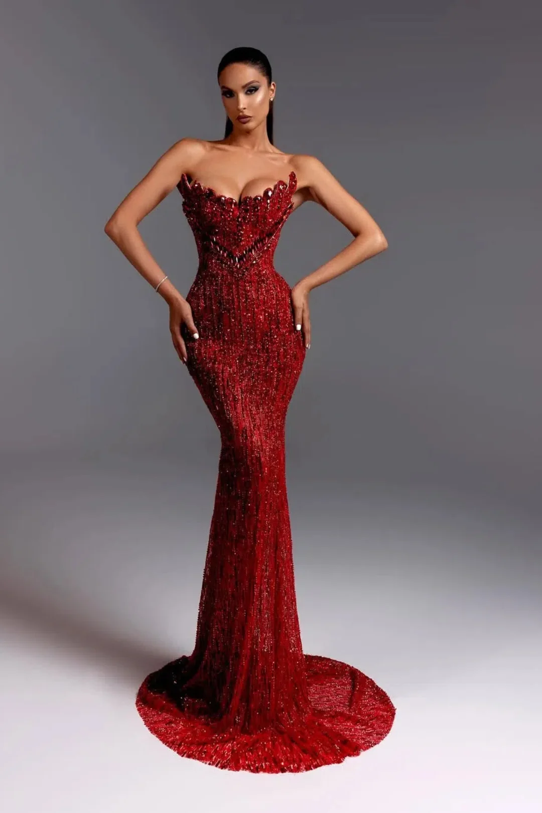 Daisda Sleeveless Strapless V-Neck Beads Mermaid Prom Dress