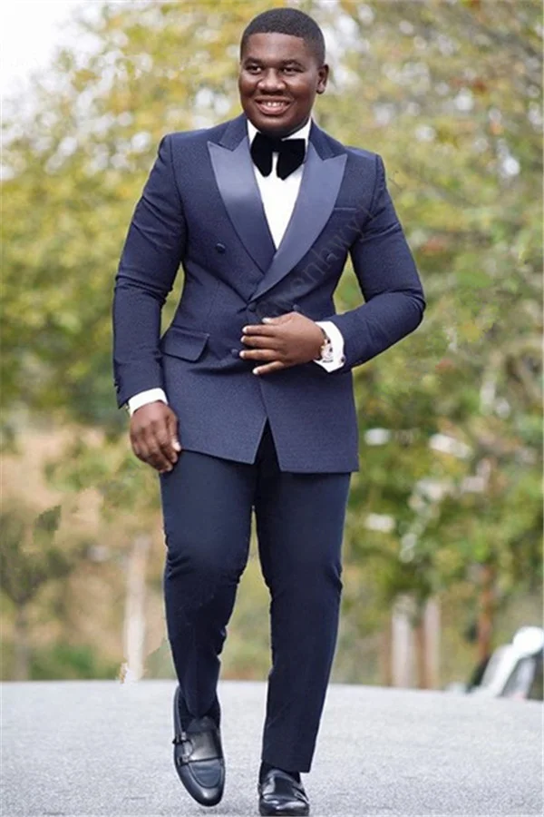 Stylish Navy Blue Silk Lapel Reception Suit Double Slim Fit With Breasted Peaked