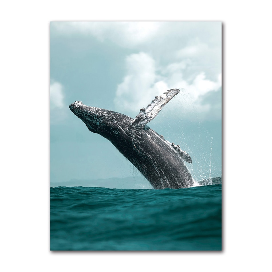 Nature Ocean Animal Whale Breaching Tail Dolphin Wall Art Nordic Canvas Print Painting Waves Seascape Poster Living Room Picture