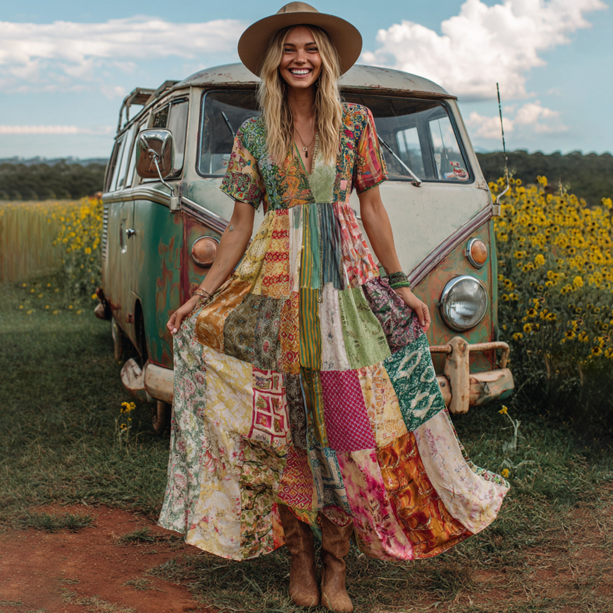 Comstylish Countryside Style Collection Classy Patchwork Floral Pattern Art Linen Maxi Dress