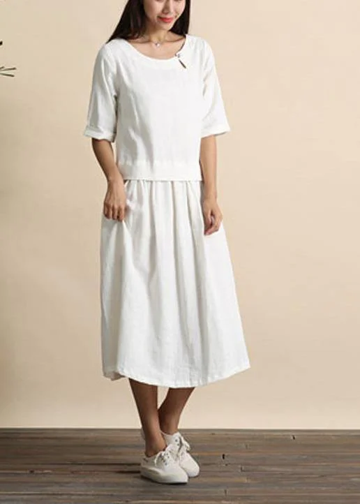 Organic O Neck Cinched Summer Tunics Tops White Maxi Dress
