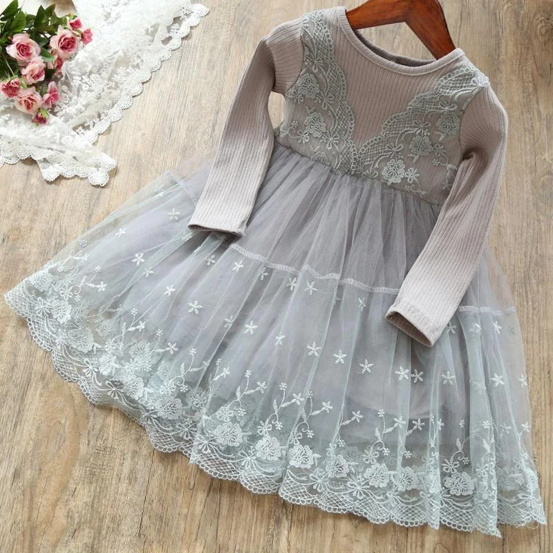 Girl Lace Dress Age 3-8 Baby Kids Princess Dresses Long Sleeved Wedding Party Dress Children Clothes Wedding Gown Formal Events