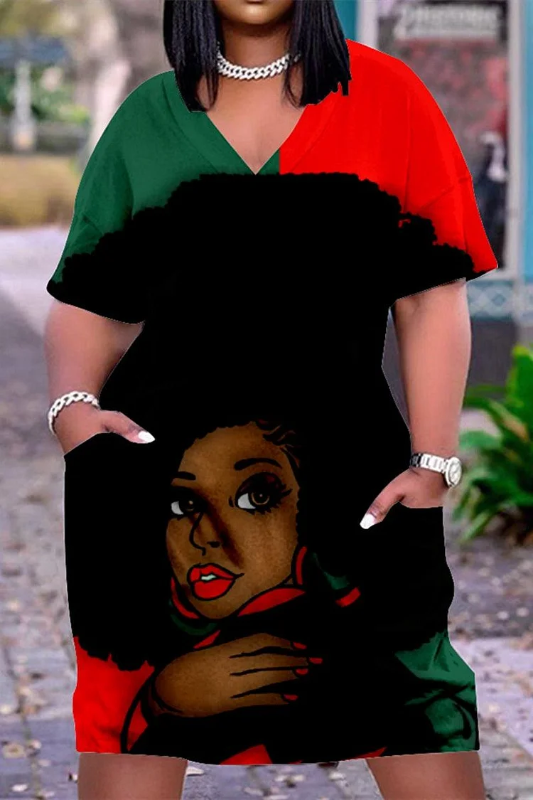 Xpluswear Plus Size V Neck African Short Sleeve Cute Black Girl Print With Pockets Midi Dress-Red