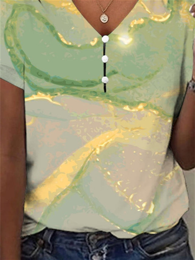 Women's Graphic Printed Short Sleeve Key Hollow V-neck Buttons Top