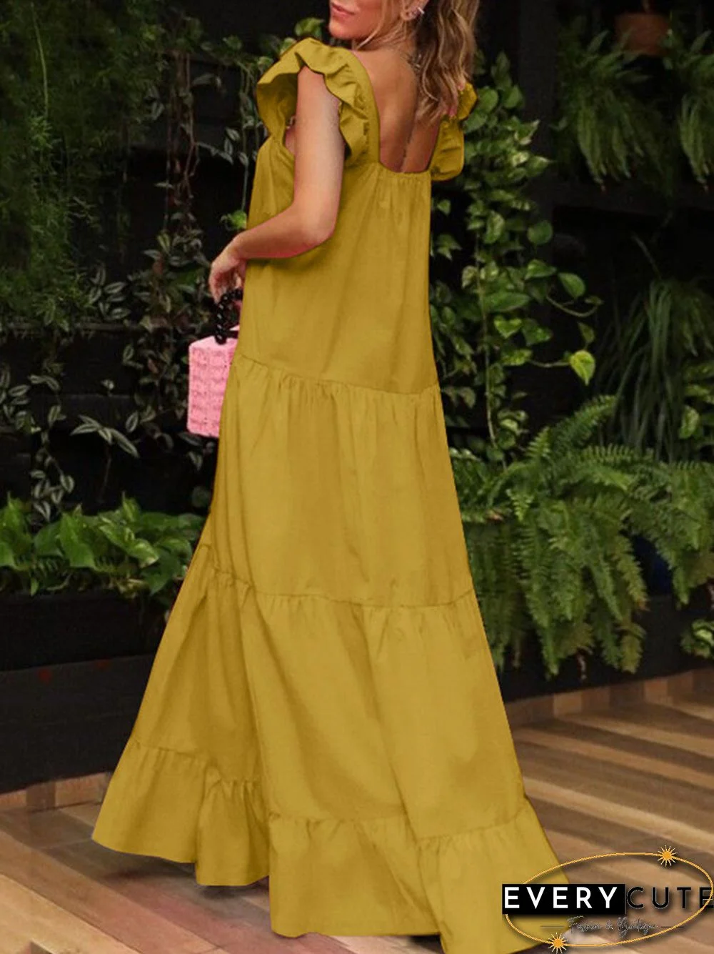 Solid Ruffle Backless Square Collar Casual Maxi Dress