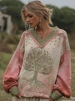 Women's Retro Viking Tree Of Life Stitching Warm V-neck Sweatshirt
