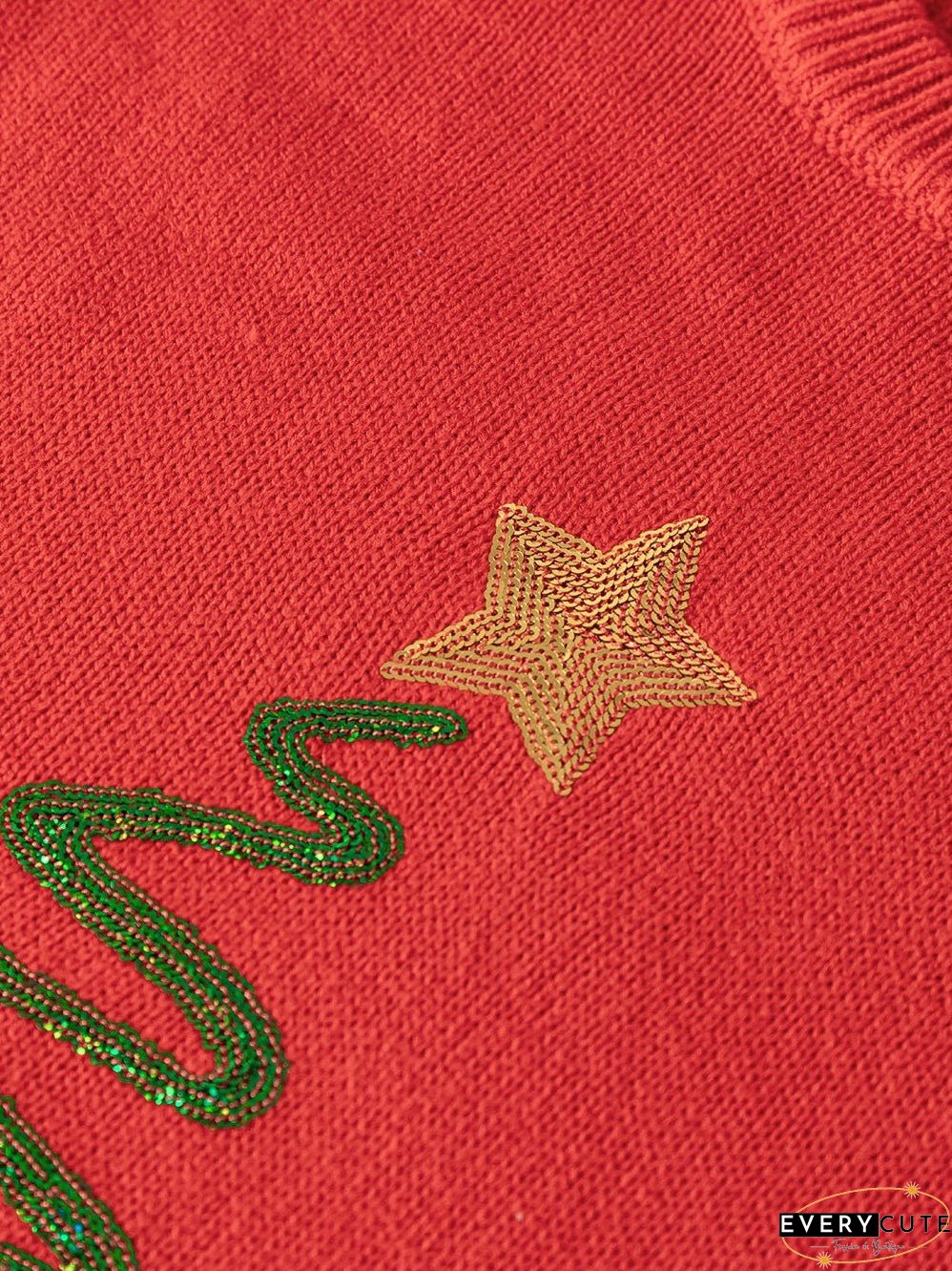 Festive Red Sequin Christmas Tree Sweater with Drop Shoulders