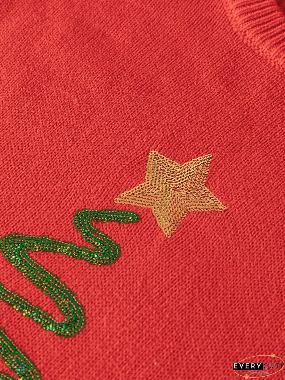 Festive Red Sequin Christmas Tree Sweater with Drop Shoulders